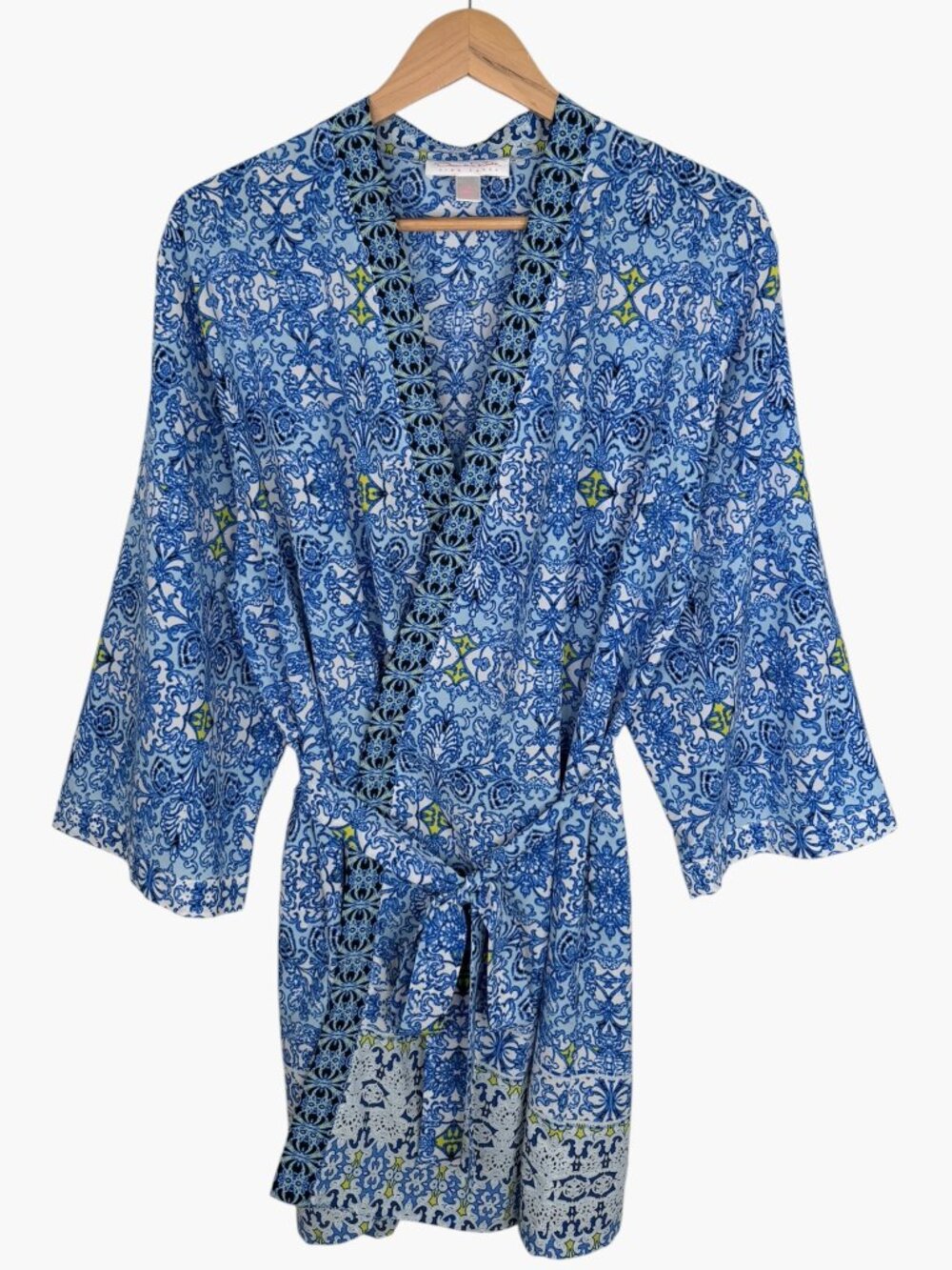OSCAR DE LA RENTA PINK LABEL Duster Kimono Cover Up Robe - Blue Print - Size M